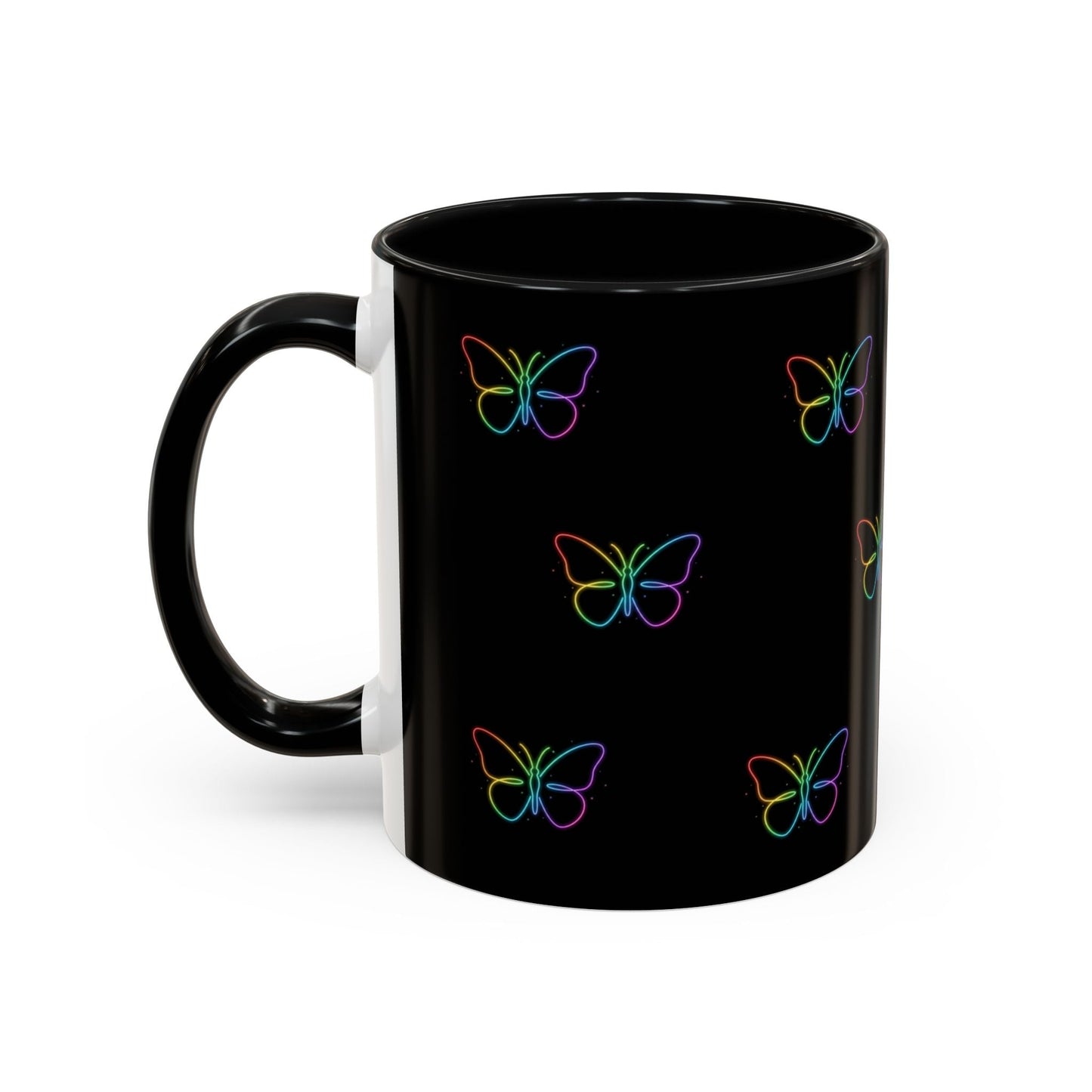 Rainbow Neon Butterfly Mug | Black Accent Coffee Mug Printify