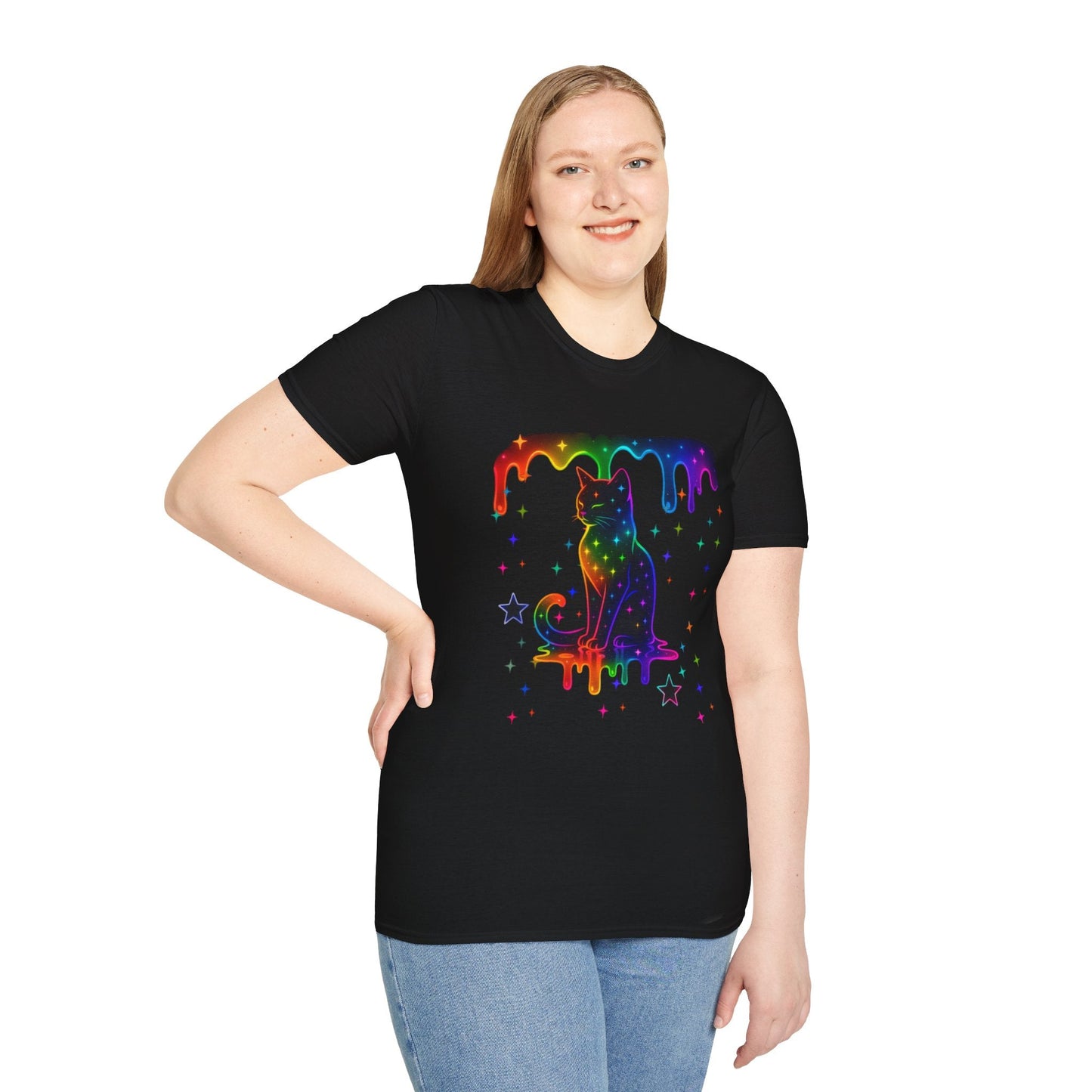 Neon Paint Kitty, Stars & Dripping Rainbow T-Shirt Printify