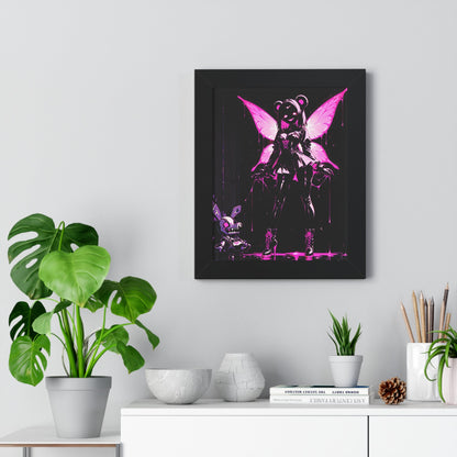Framed Poster, Neon Pink Fairy Girl Art Print, Dark Vaporwave Wall Decor Printify