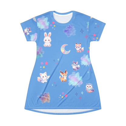 Cute Pastel Animals T-Shirt Dress | Bunny Fox Owl Moon Stars Printify