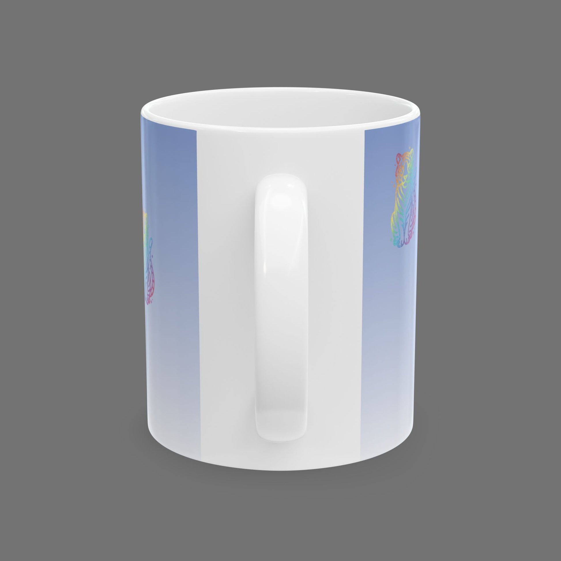 Rainbow Tiger Pattern Mug | Gradient Blue Background, Ceramic Coffee Cup Printify