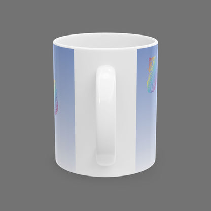 Rainbow Tiger Pattern Mug | Gradient Blue Background, Ceramic Coffee Cup Printify