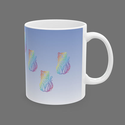 Rainbow Tiger Pattern Mug | Gradient Blue Background, Ceramic Coffee Cup Printify
