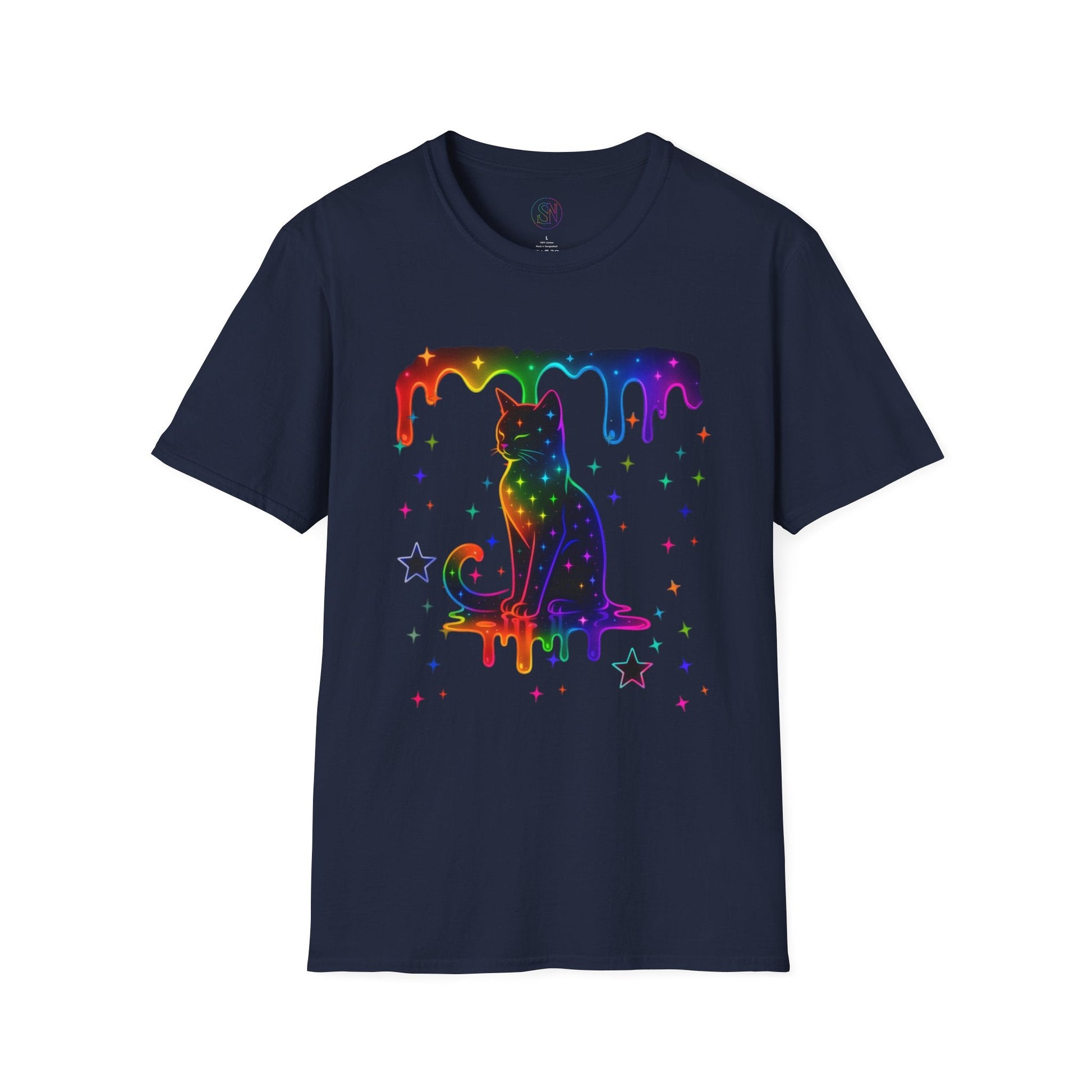 Neon Paint Kitty, Stars & Dripping Rainbow T-Shirt Printify