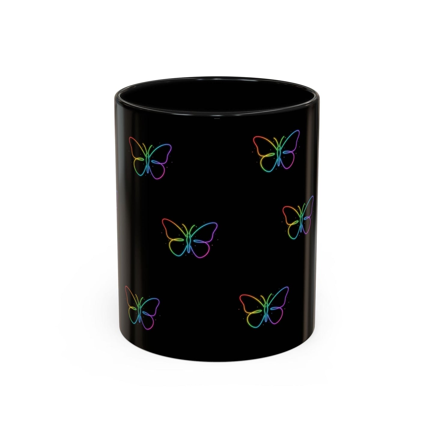 Rainbow Neon Butterfly Mug | Black Accent Coffee Mug Printify
