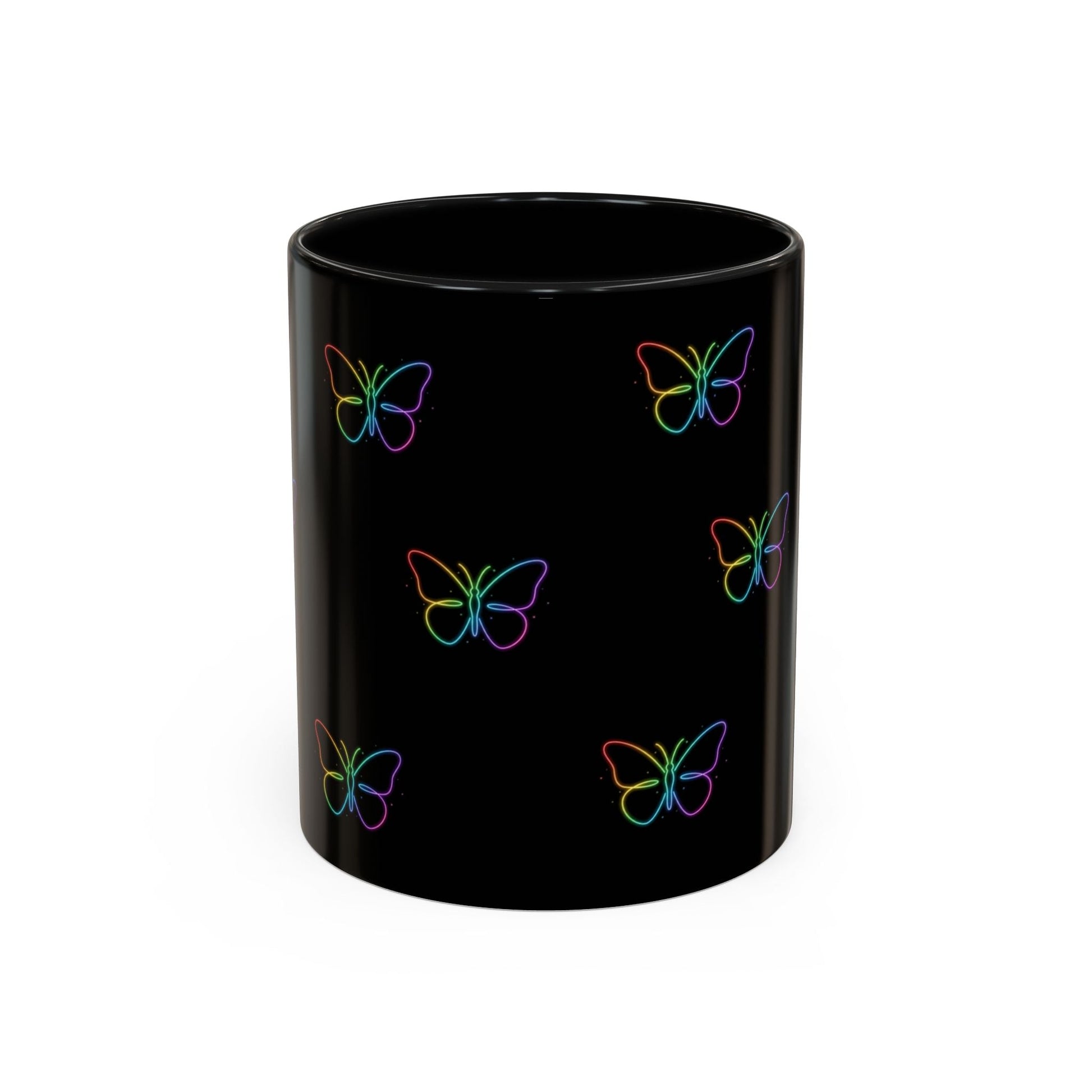 Rainbow Neon Butterfly Mug | Black Accent Coffee Mug Printify