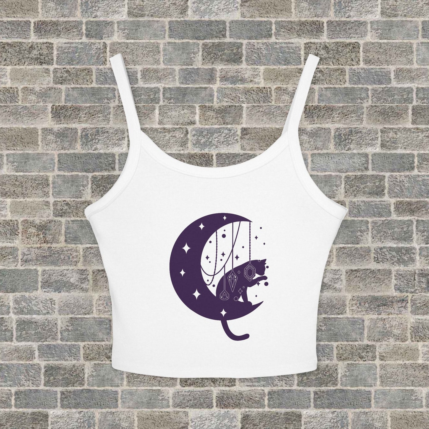 Moon Cat Crop Tank Top, Playful Night Sky Graphic Spaghetti Strap Printify