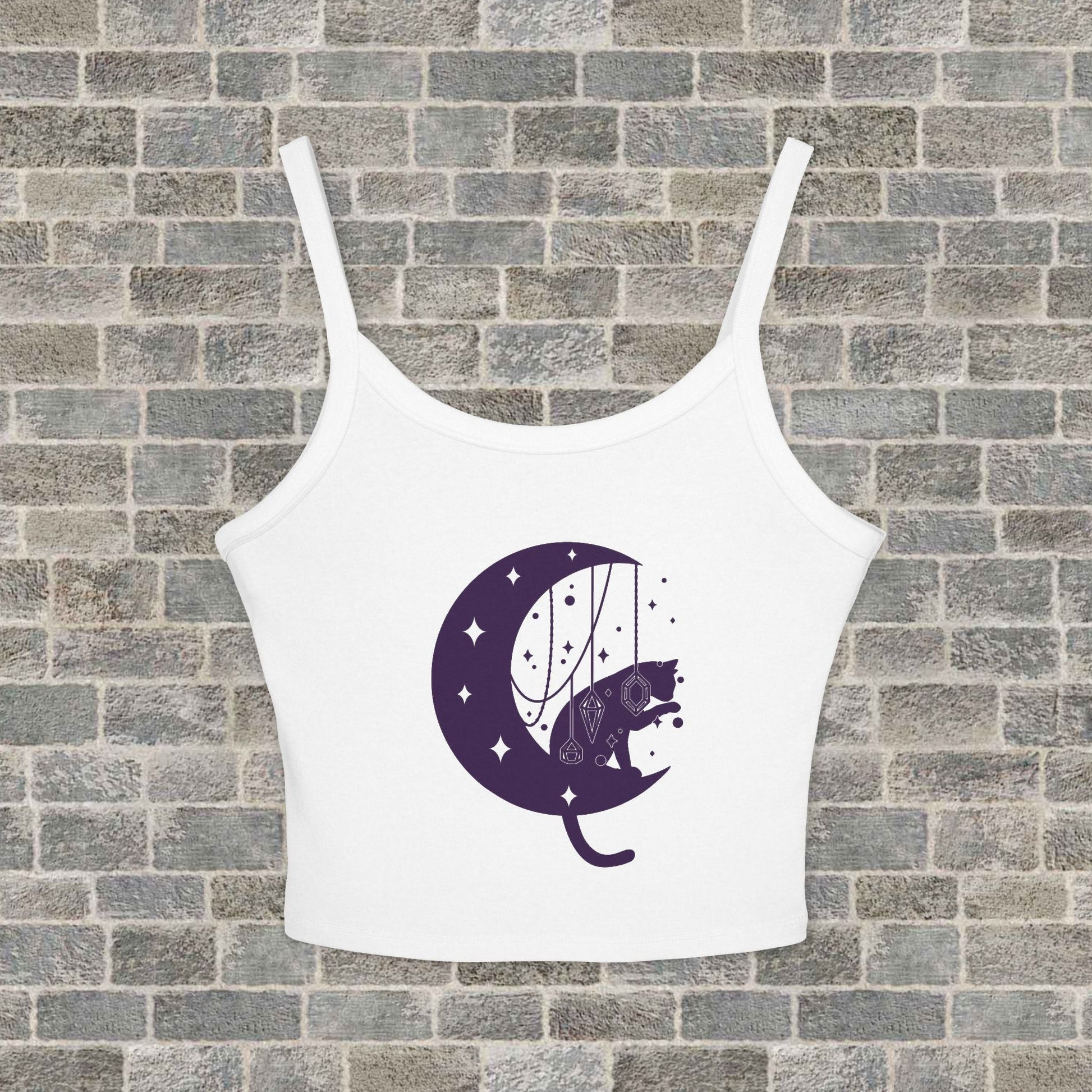 Moon Cat Crop Tank Top, Playful Night Sky Graphic Spaghetti Strap Printify