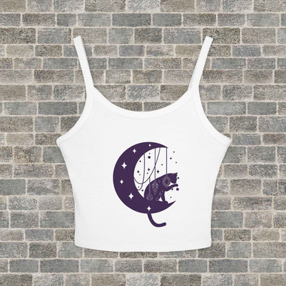 Moon Cat Crop Tank Top, Playful Night Sky Graphic Spaghetti Strap Printify