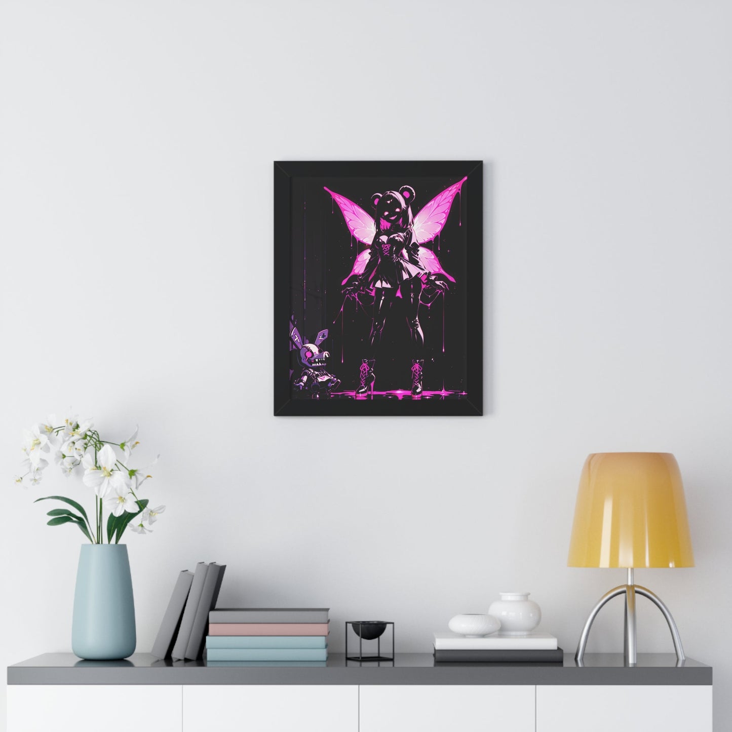 Framed Poster, Neon Pink Fairy Girl Art Print, Dark Vaporwave Wall Decor Printify