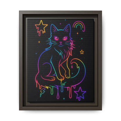 Neon Rainbow Cat Matte Canvas Framed | Dripping Stars Wall Art Printify