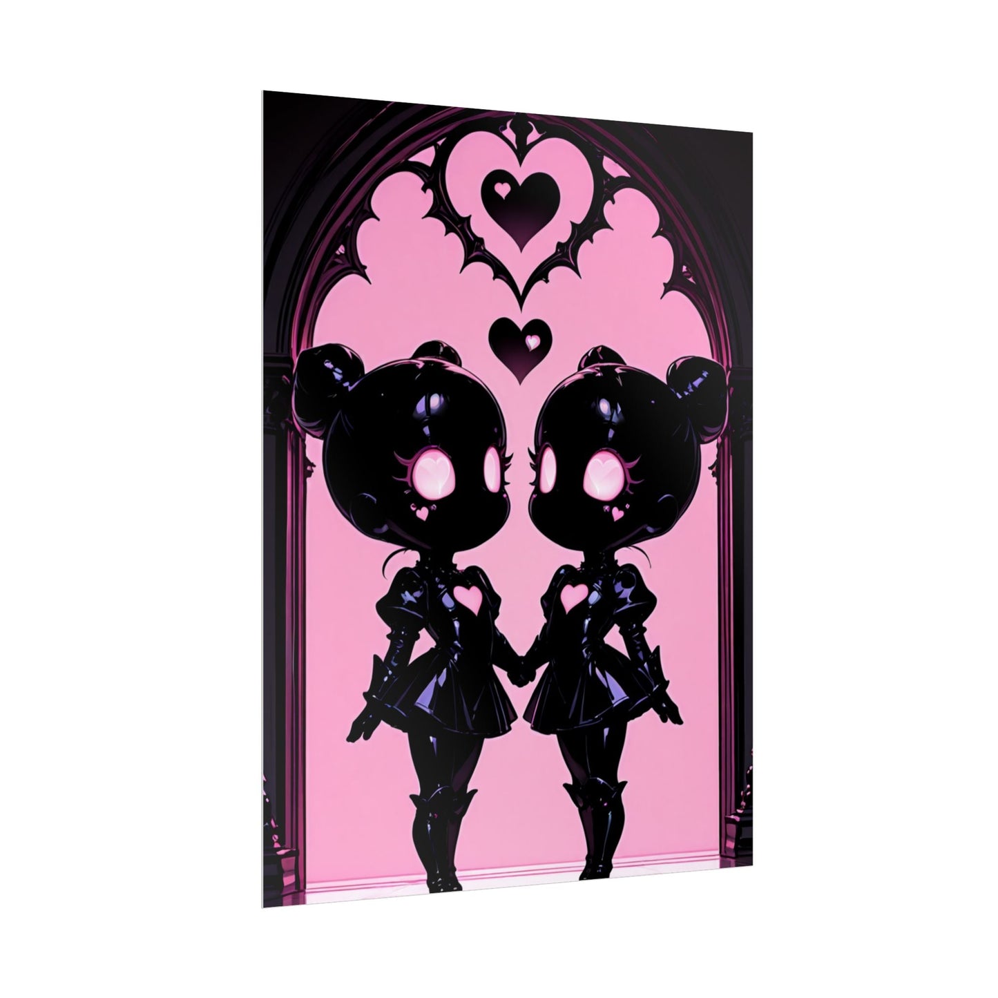 Rolled Poster, Gothic Kawaii Twin Dolls Pink Heart Art Print Printify