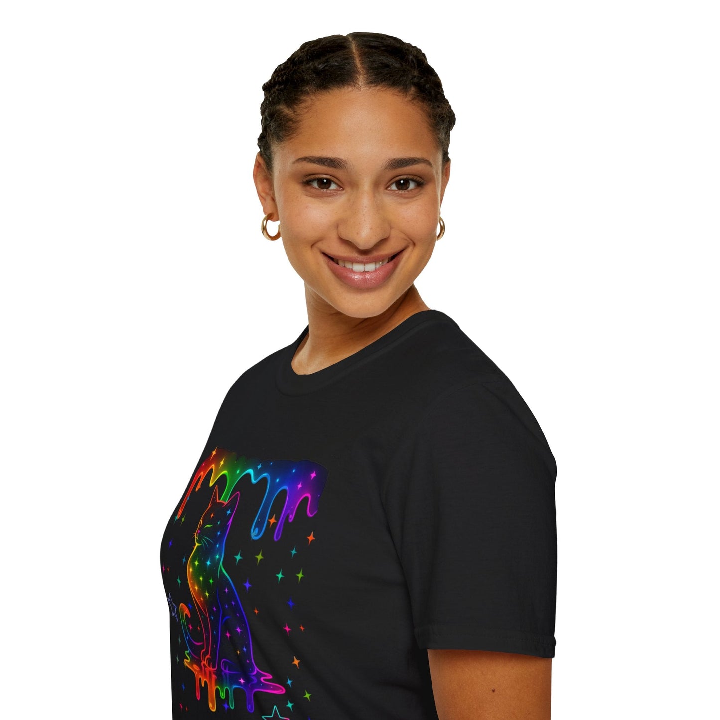 Neon Paint Kitty, Stars & Dripping Rainbow T-Shirt Printify