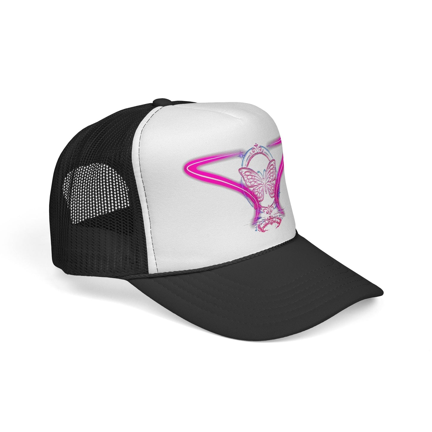 Neon Butterfly Trucker Cap, Retro Vaporwave Mesh Hat Printify