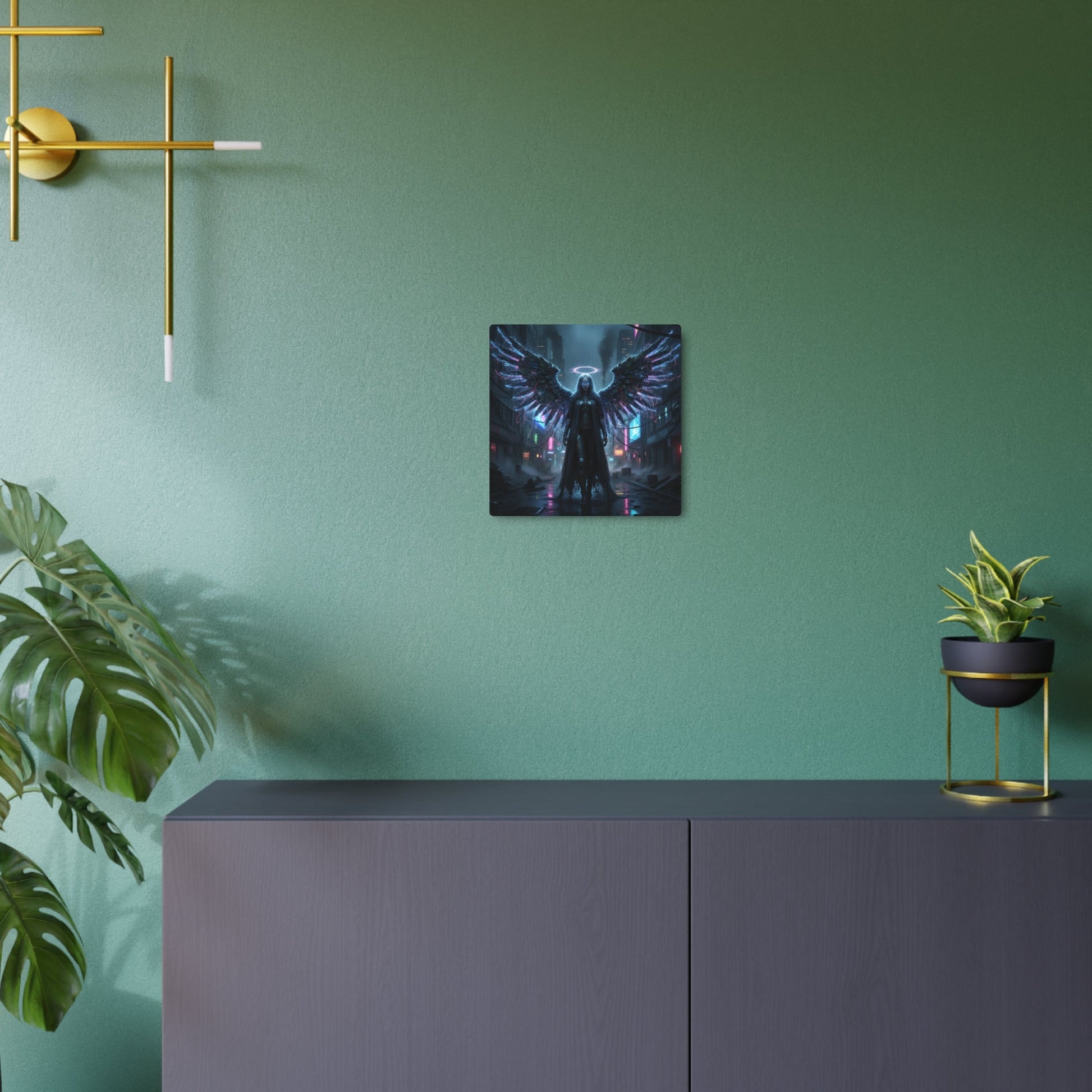 Neon Fallen Angel Metal Art Sign | Cyberpunk Winged Figure Printify