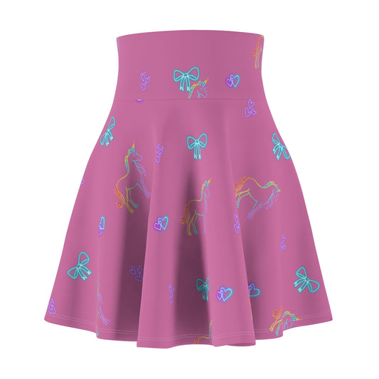Pastel Unicorns & Bows Skater Skirt | Pink All-Over Print Printify