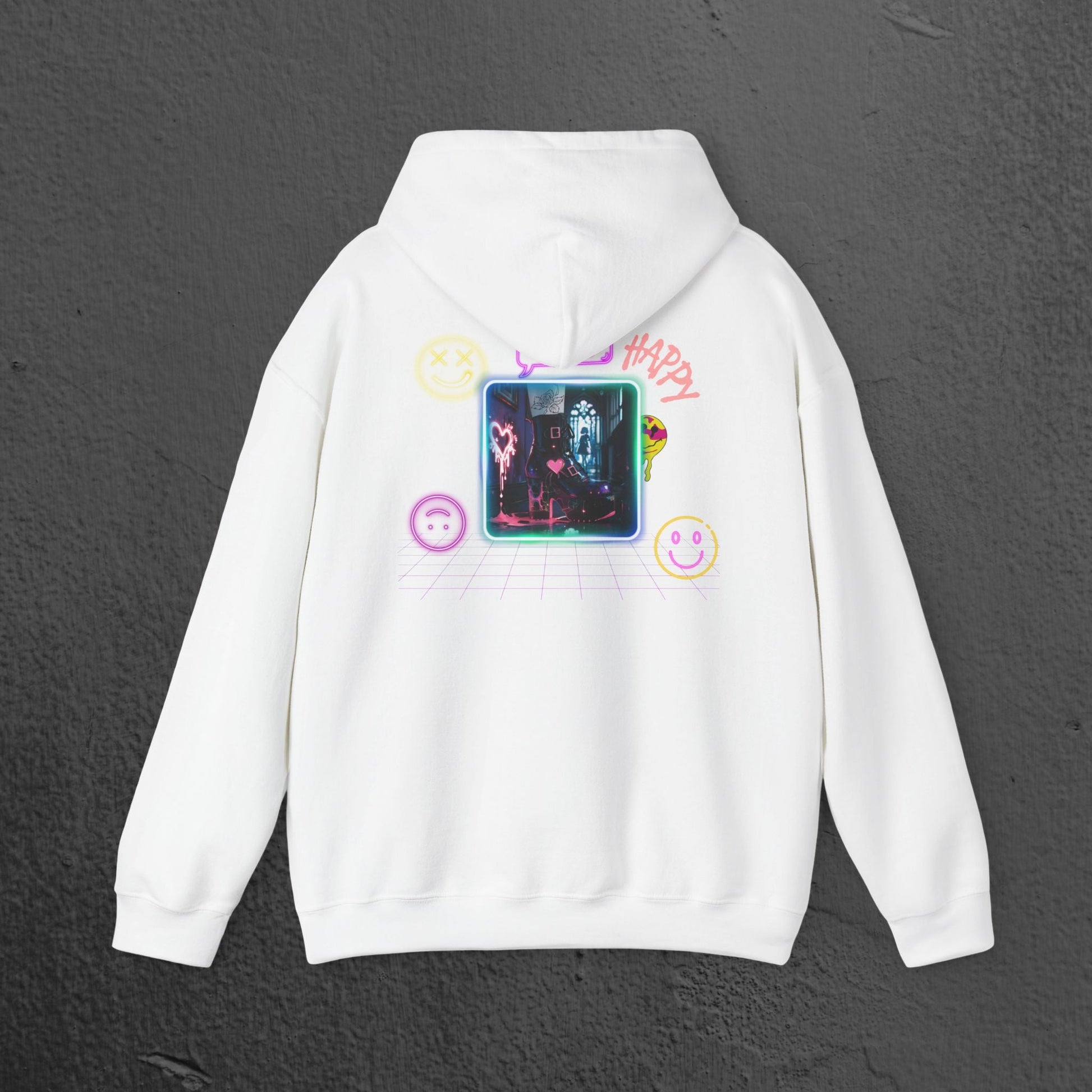 Neon Smiley Face Collage Hoodie Printify