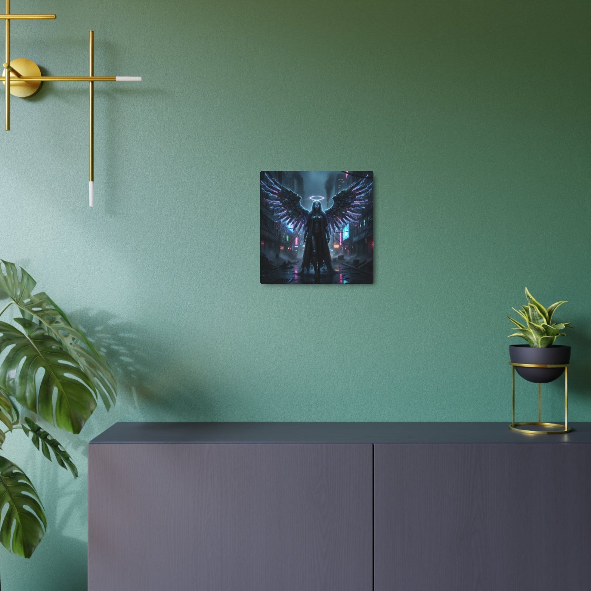 Neon Fallen Angel Metal Art Sign | Cyberpunk Winged Figure Printify