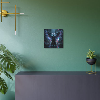 Neon Fallen Angel Metal Art Sign | Cyberpunk Winged Figure Printify