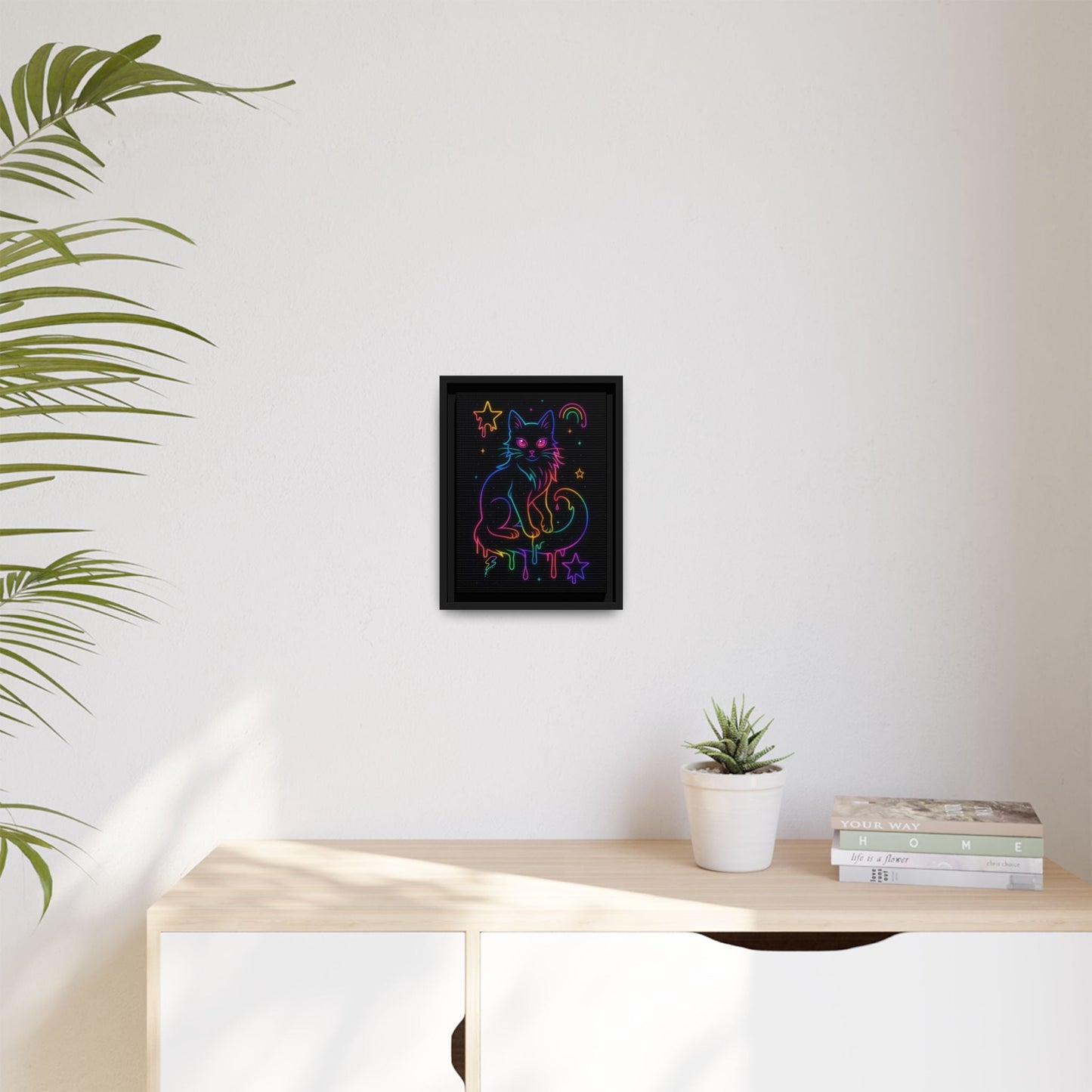 Neon Rainbow Cat Matte Canvas Framed | Dripping Stars Wall Art Printify