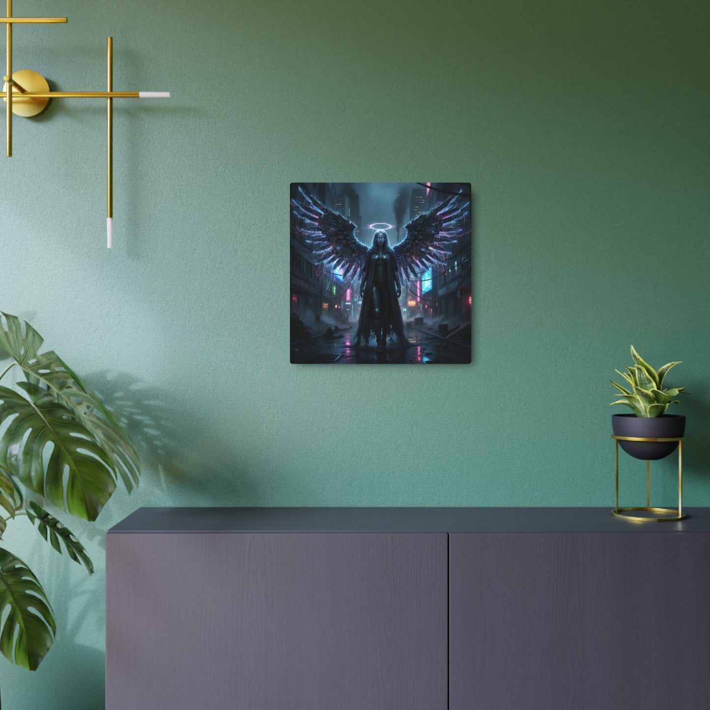 Neon Fallen Angel Metal Art Sign | Cyberpunk Winged Figure Printify