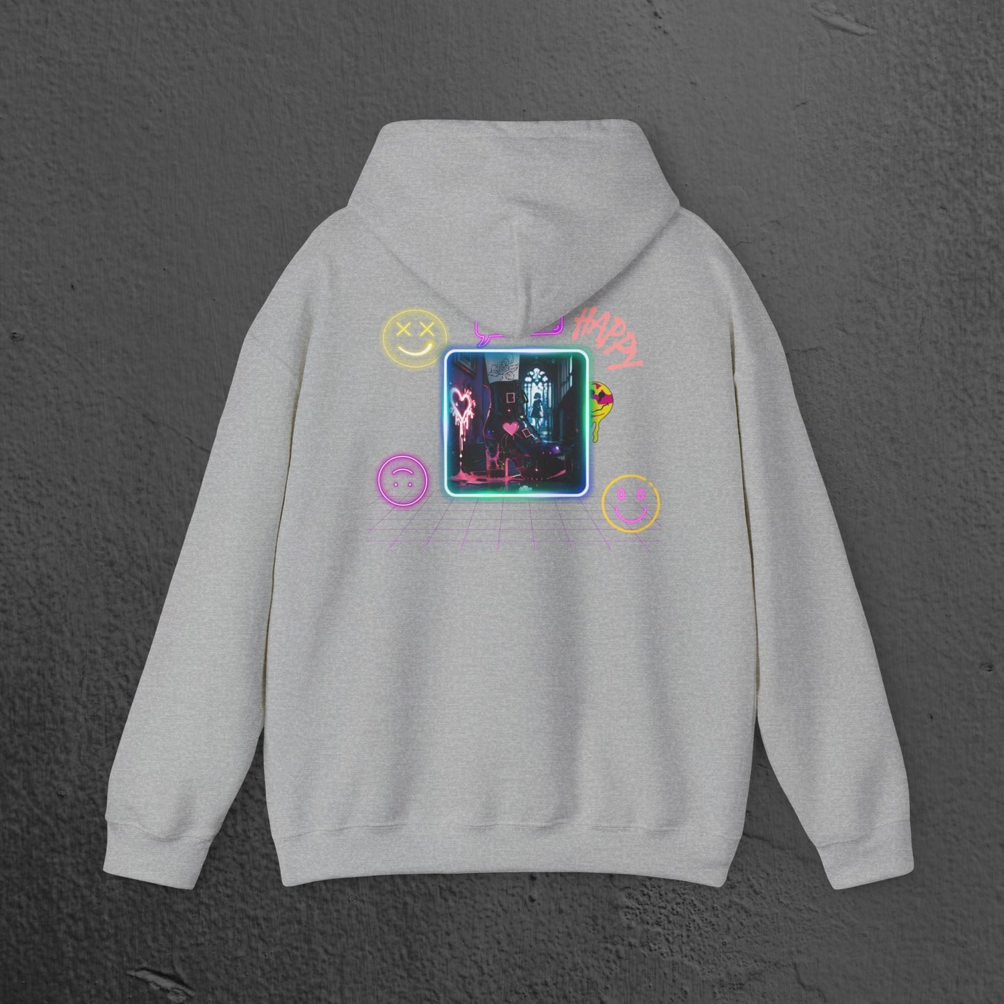 Neon Smiley Face Collage Hoodie Printify