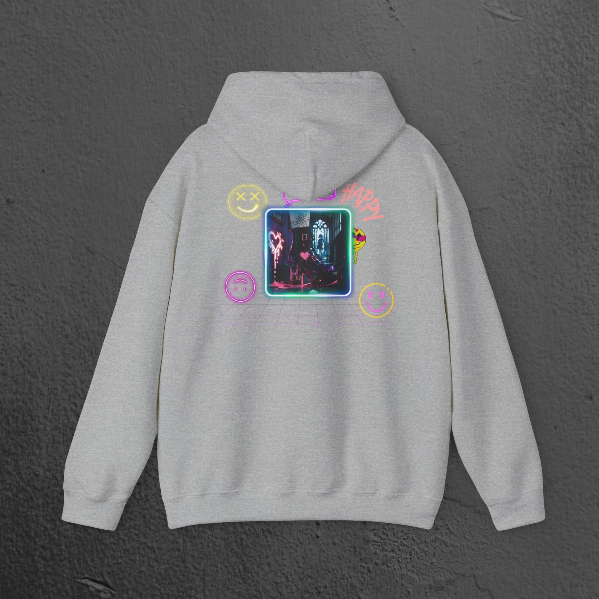Neon Smiley Face Collage Hoodie Printify