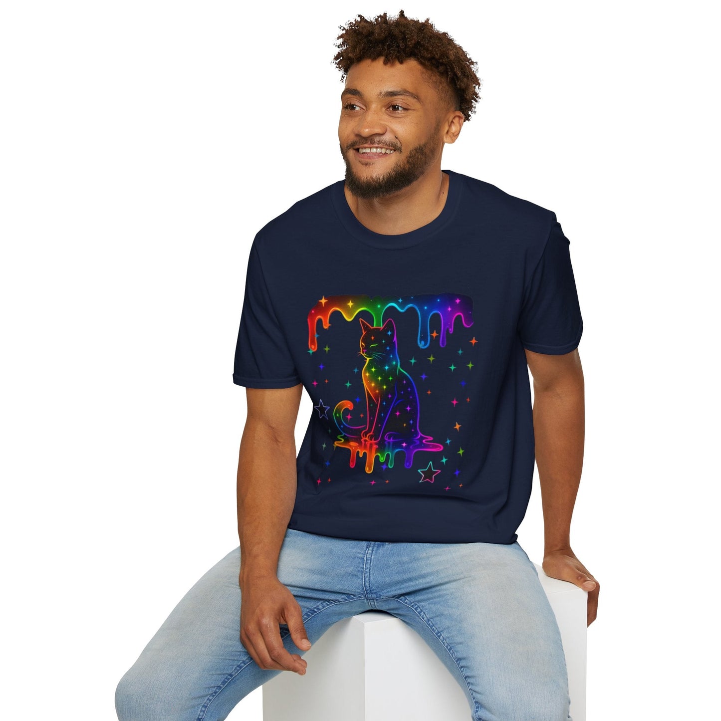 Neon Paint Kitty, Stars & Dripping Rainbow T-Shirt Printify
