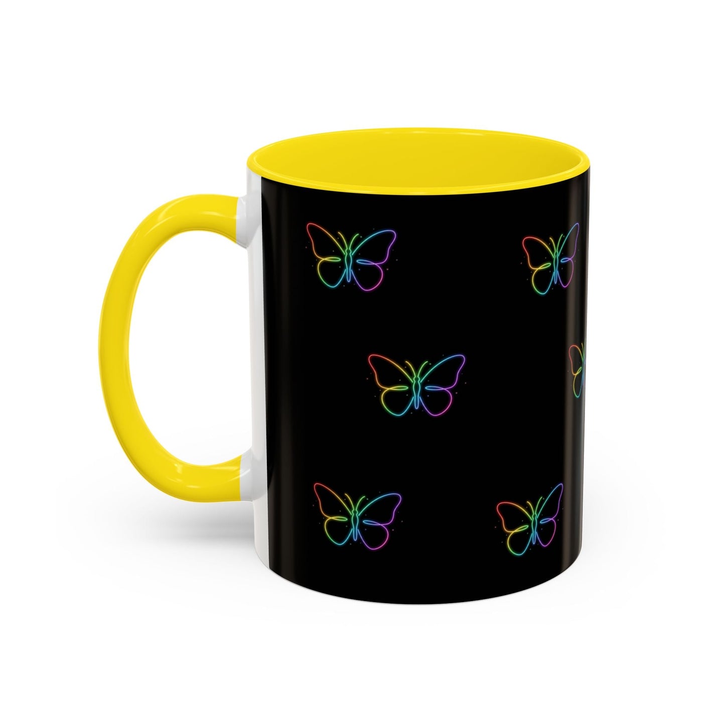 Rainbow Neon Butterfly Mug | Black Accent Coffee Mug Printify