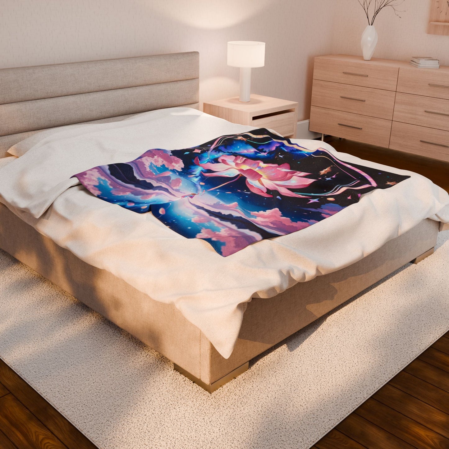 Pink Lotus Galaxy art Velveteen Plush Blanket | Cosmic Floral Throw Printify