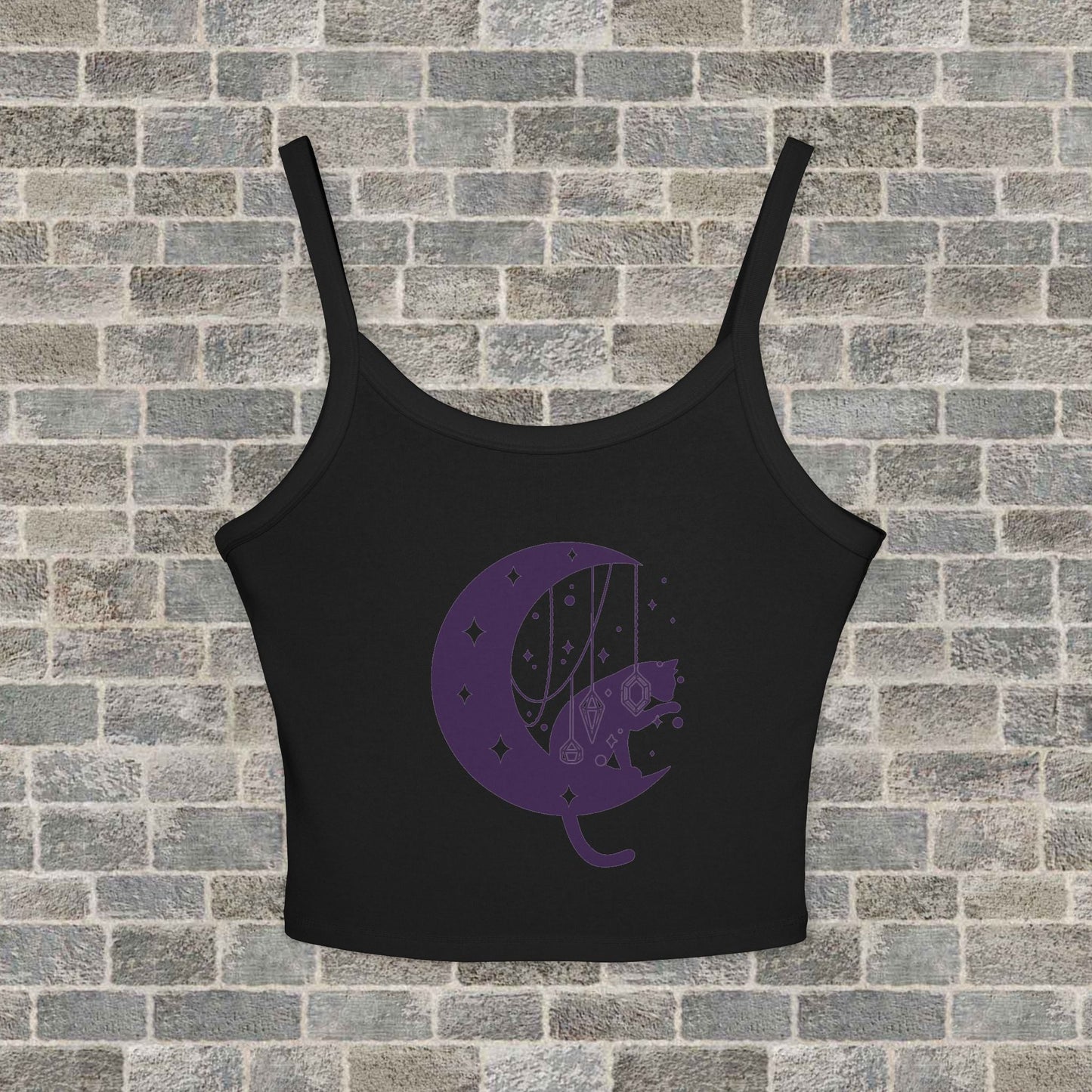 Moon Cat Crop Tank Top, Playful Night Sky Graphic Spaghetti Strap Printify