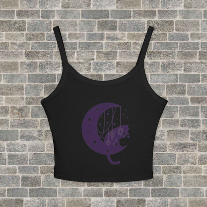 Moon Cat Crop Tank Top, Playful Night Sky Graphic Spaghetti Strap Printify