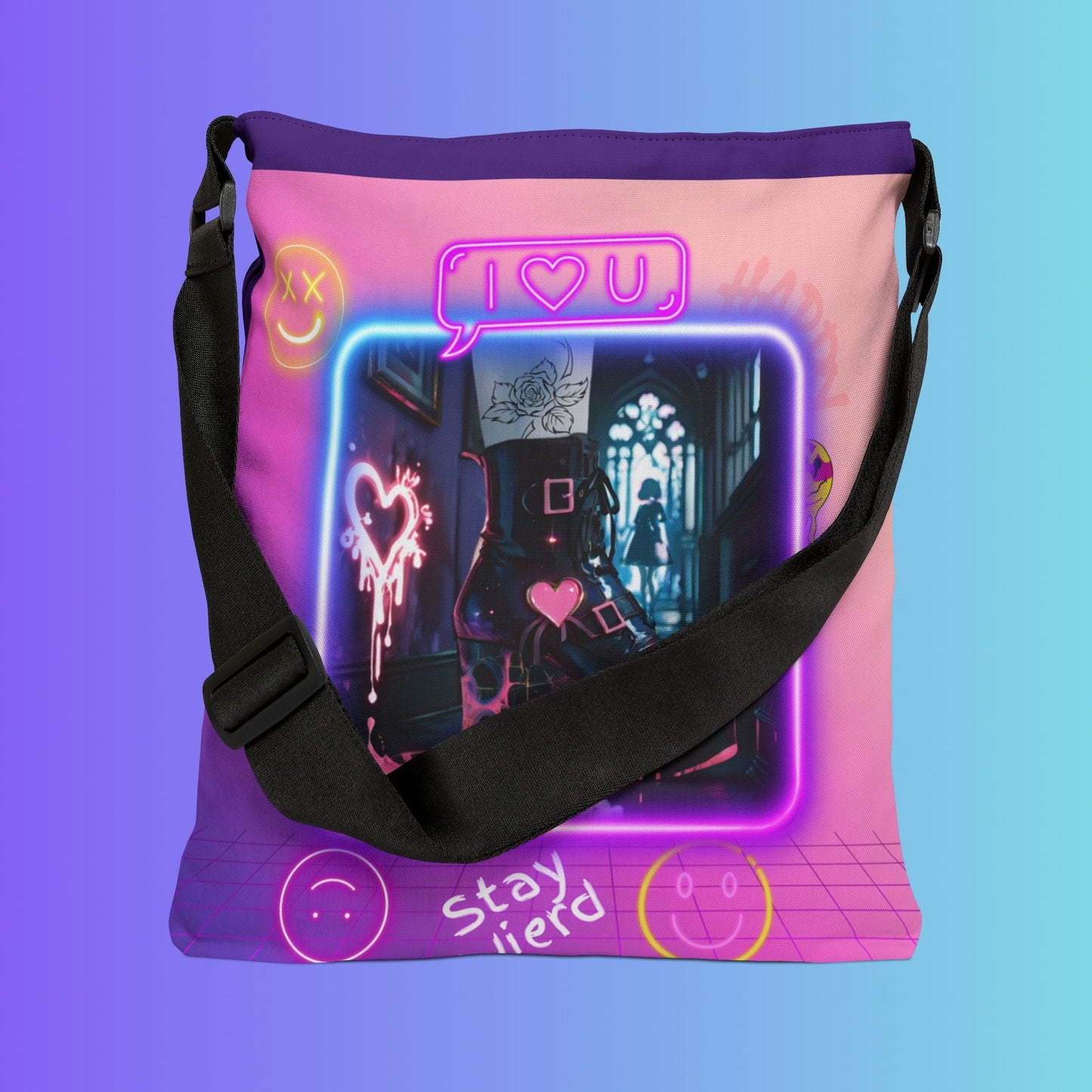 Neon Aesthetic Graphic Adjustable Tote Bag | Vaporwave Crown Stars Love Icons Printify