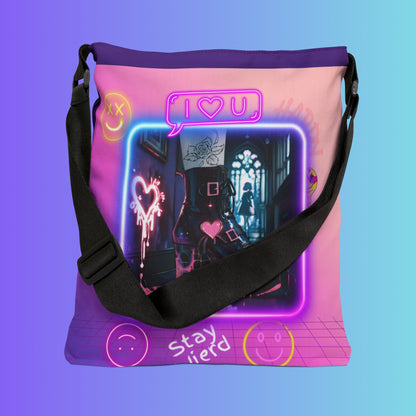Neon Aesthetic Graphic Adjustable Tote Bag | Vaporwave Crown Stars Love Icons Printify