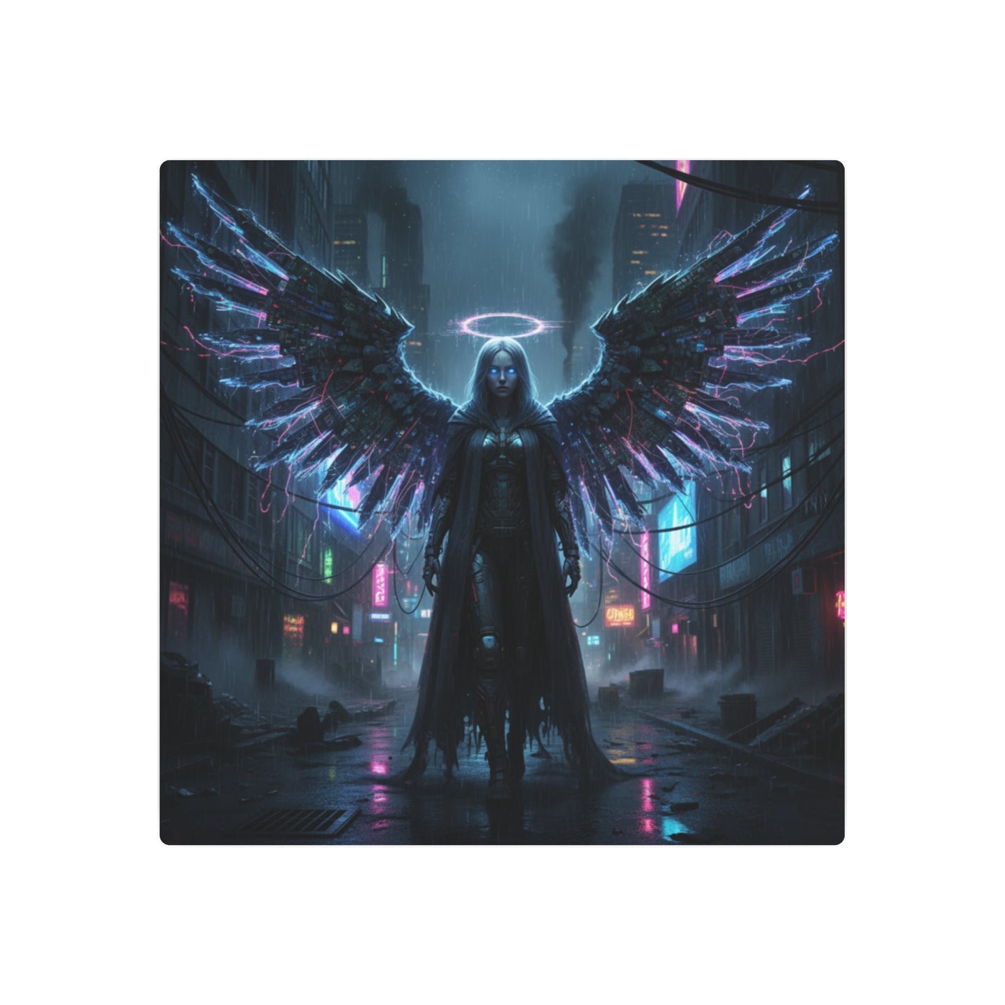 Neon Fallen Angel Metal Art Sign | Cyberpunk Winged Figure Printify