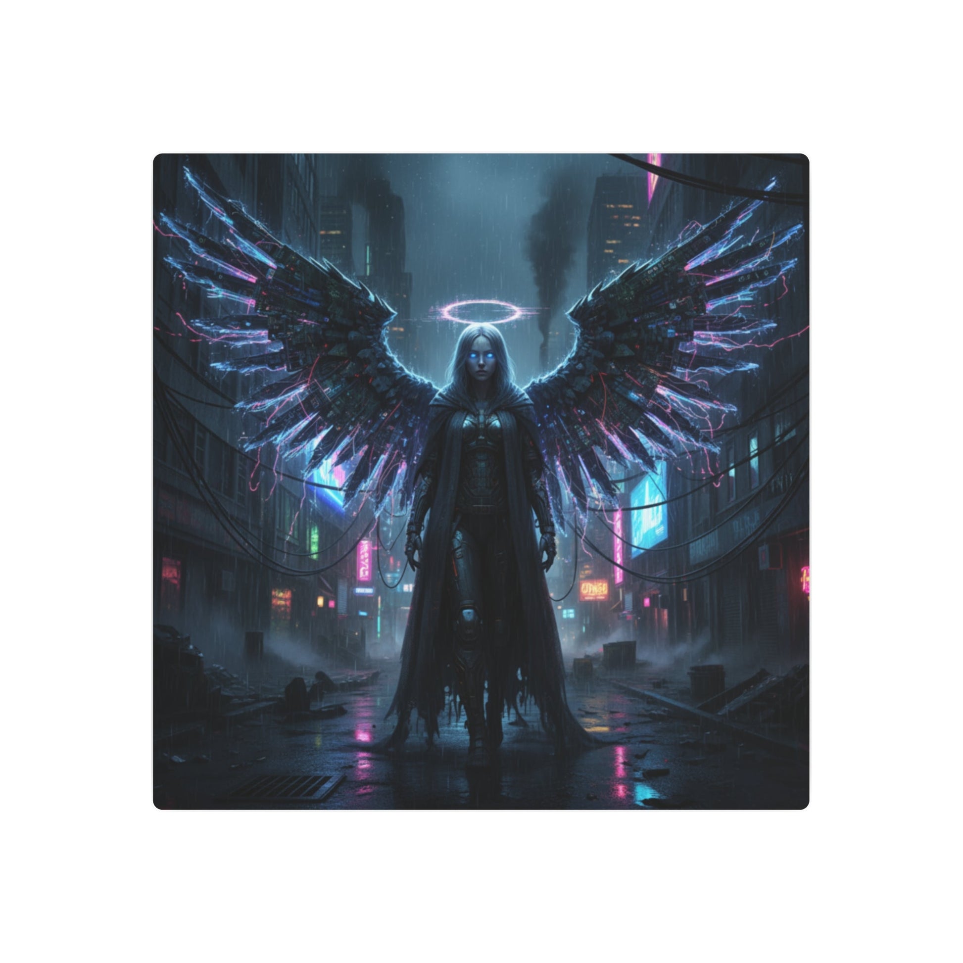 Neon Fallen Angel Metal Art Sign | Cyberpunk Winged Figure Printify
