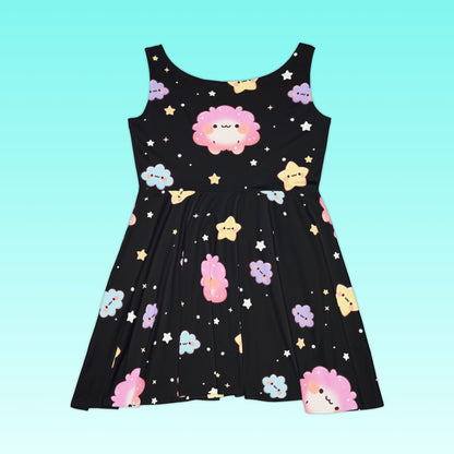 Black Kawaii Cloud and Stars Skater Dress Printify