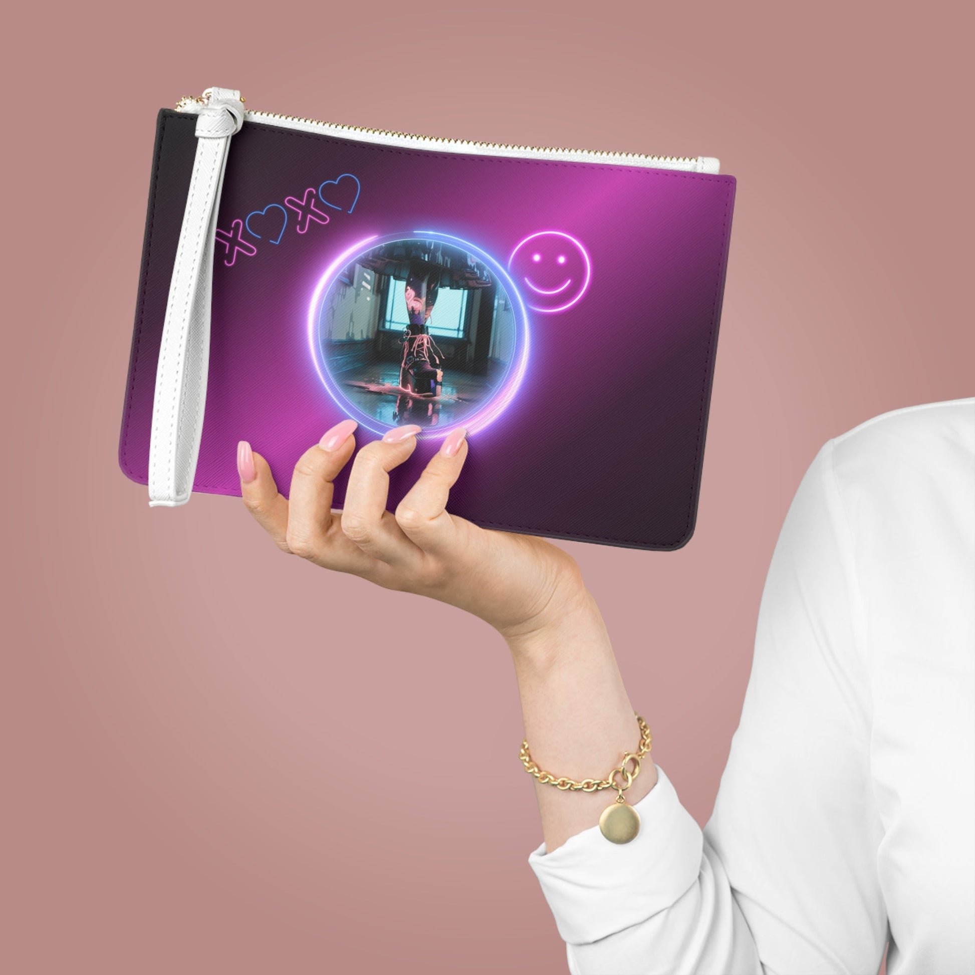 Neon Smiley & Sweet Script Clutch Bag | Retro Pink Purple Aesthetic Printify