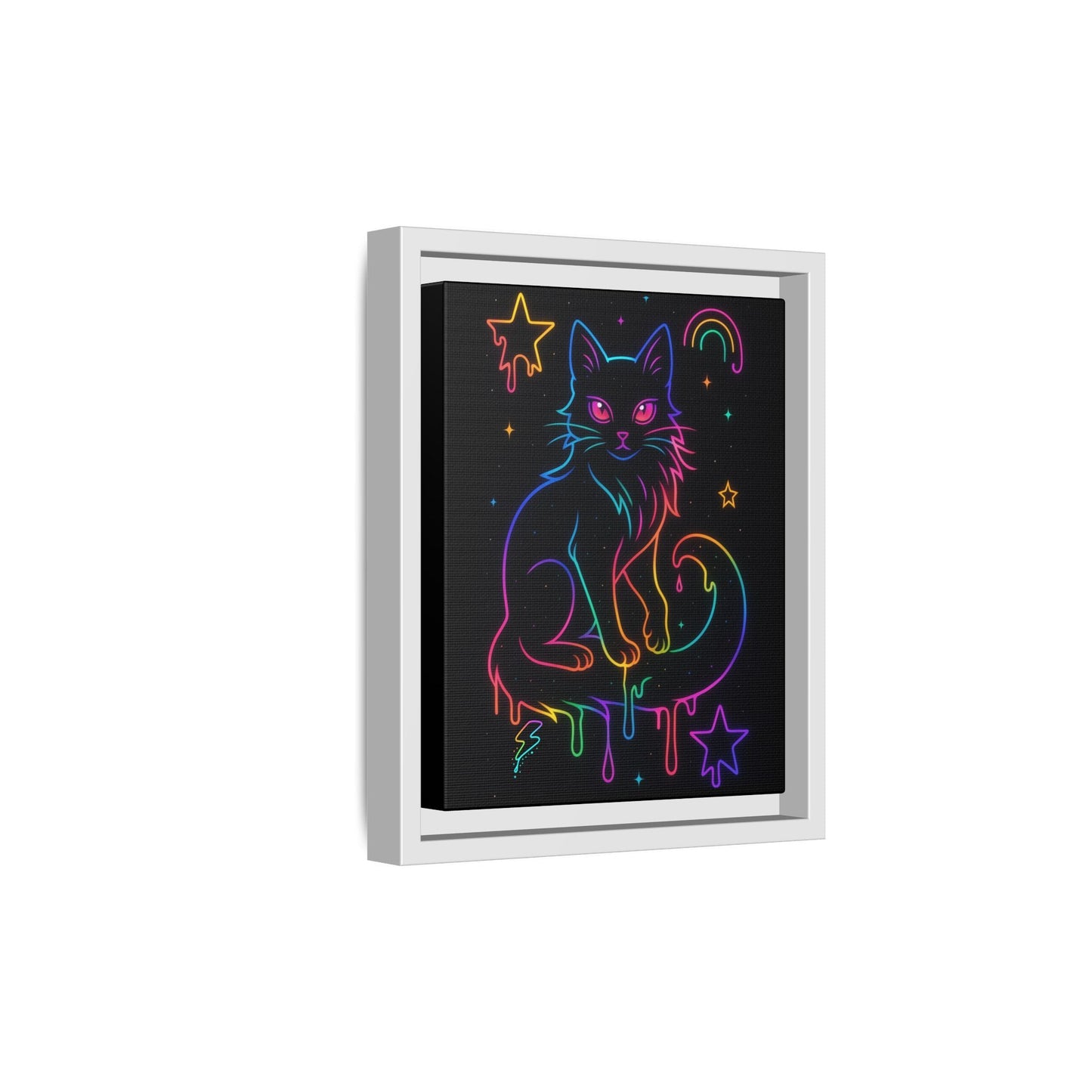 Neon Rainbow Cat Matte Canvas Framed | Dripping Stars Wall Art Printify