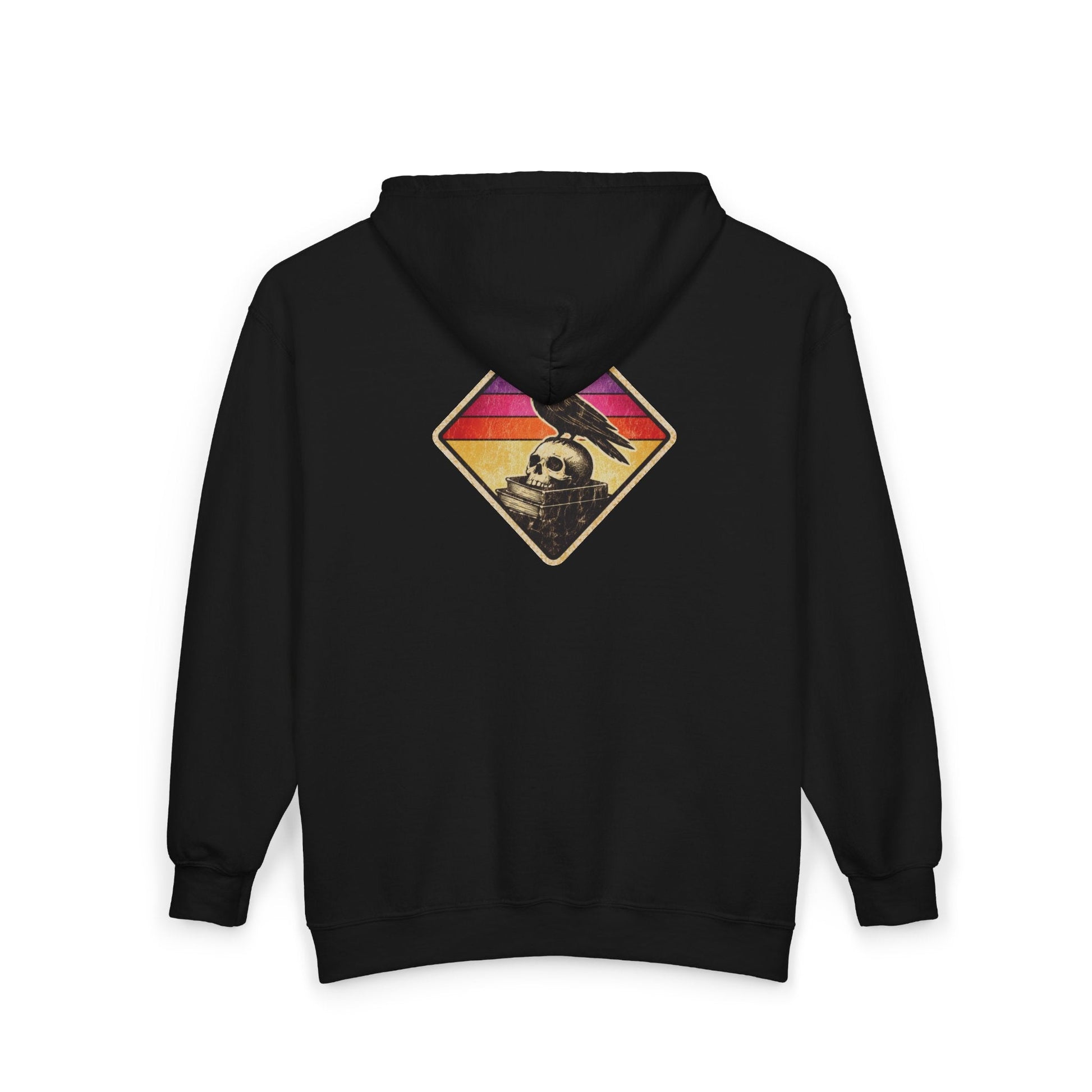 Retro Sunset Raven & Skull Graphic Full-Zip Hoodie Printify