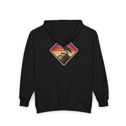Retro Sunset Raven & Skull Graphic Full-Zip Hoodie Printify