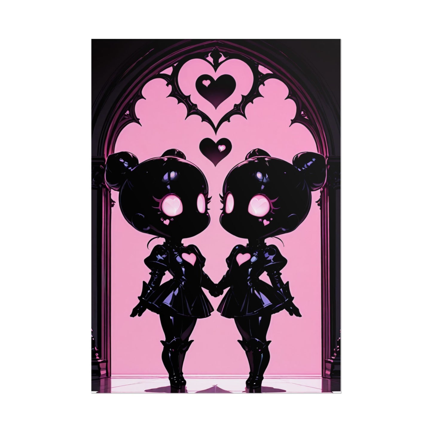 Rolled Poster, Gothic Kawaii Twin Dolls Pink Heart Art Print Printify