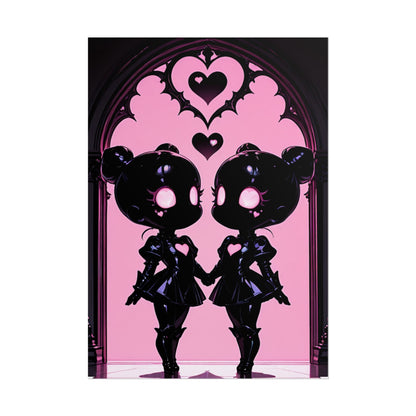 Rolled Poster, Gothic Kawaii Twin Dolls Pink Heart Art Print Printify