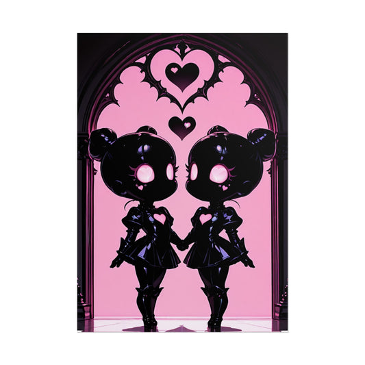 Rolled Poster, Gothic Kawaii Twin Dolls Pink Heart Art Print Printify