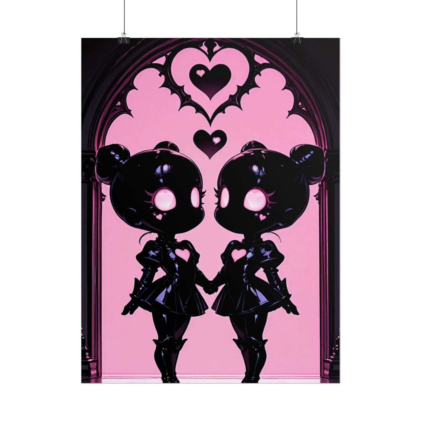 Rolled Poster, Gothic Kawaii Twin Dolls Pink Heart Art Print Printify