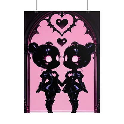 Rolled Poster, Gothic Kawaii Twin Dolls Pink Heart Art Print Printify