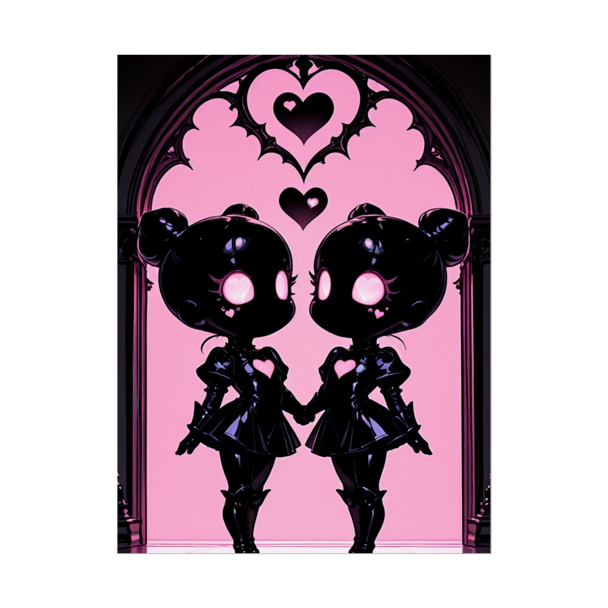 Rolled Poster, Gothic Kawaii Twin Dolls Pink Heart Art Print Printify