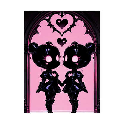 Rolled Poster, Gothic Kawaii Twin Dolls Pink Heart Art Print Printify