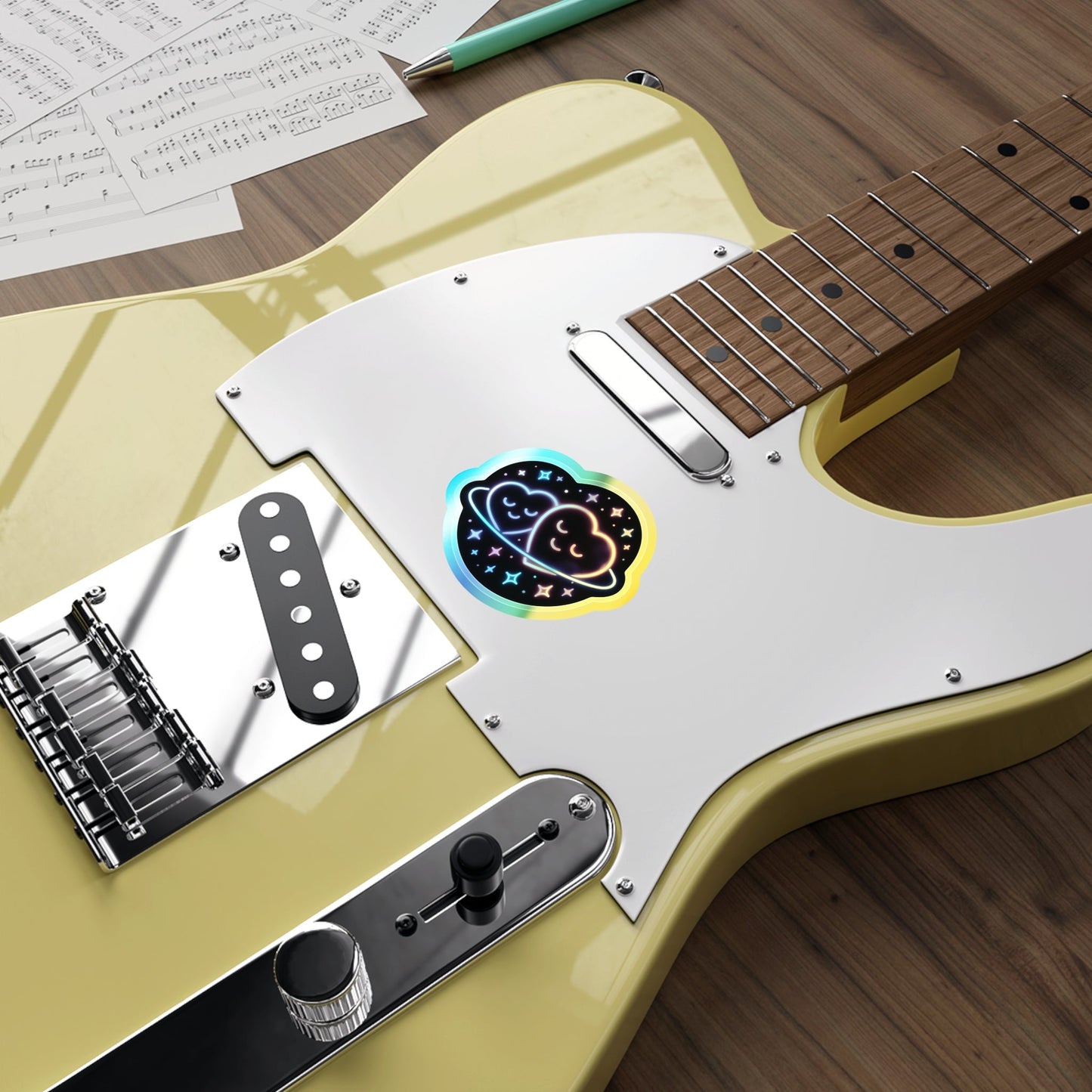 Holographic Heart Planet Die-Cut Sticker, Cute Space Neon Vinyl Sticker Printify