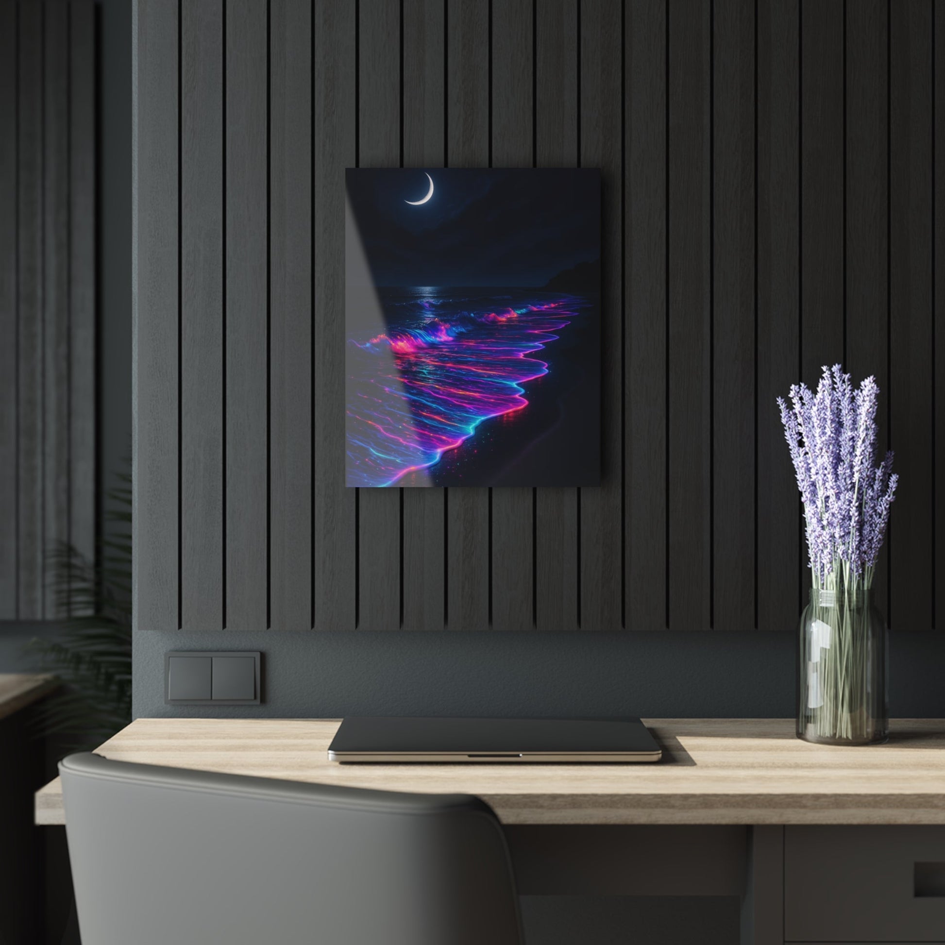 Neon Bioluminescent Waves Acrylic Print | French Cleat Hanging Printify